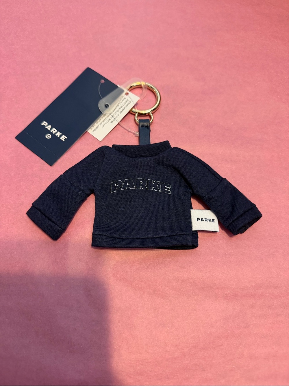 PARKE Mini Navy Sweatshirt Keychain with Gold Ring